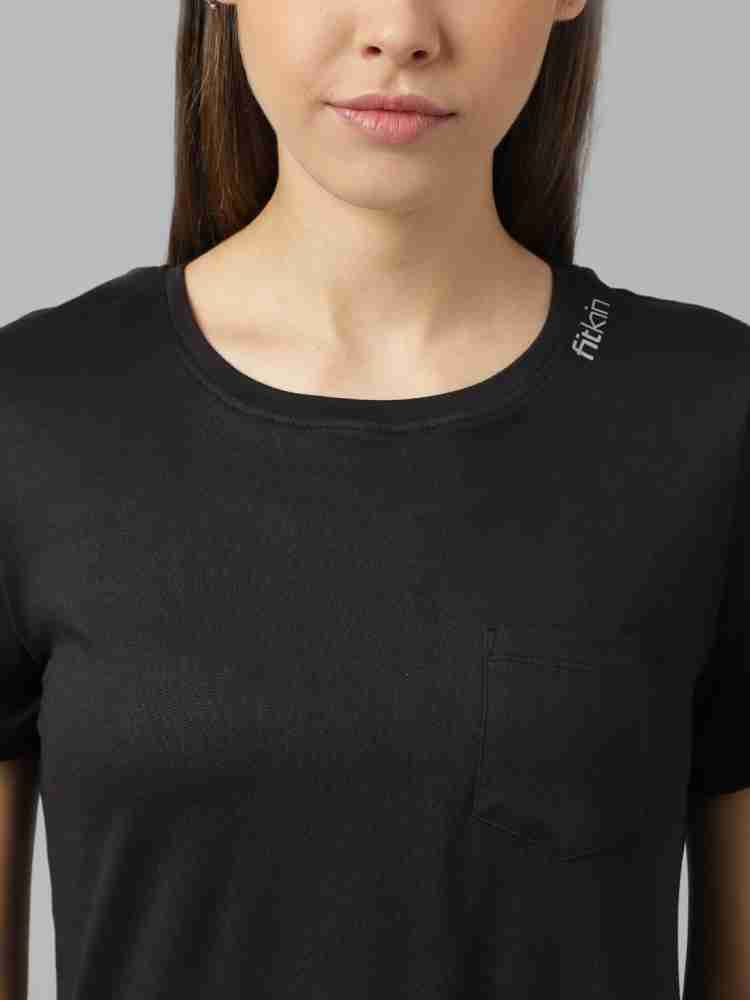 Fitkin Solid Women Round Neck Black T-Shirt - Buy Fitkin Solid