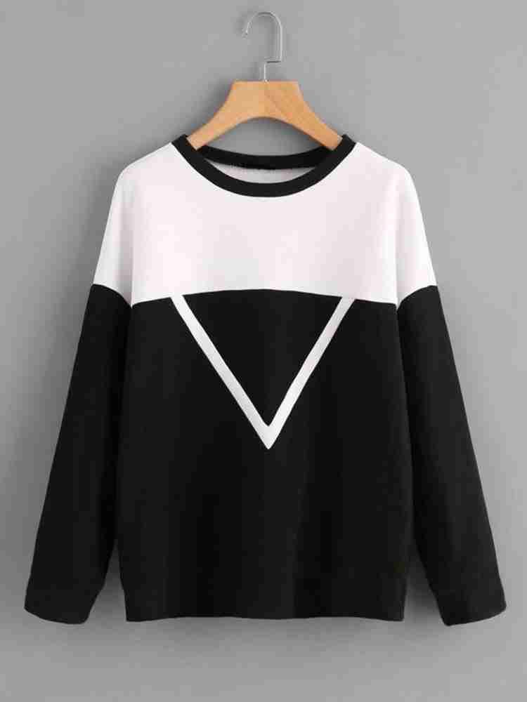 GIRLS SHOPPIE Colorblock Women Round Neck White Black T Shirt