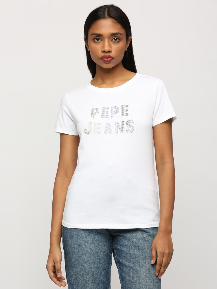 Jeans in Women Prices Round Neck Women Pepe Online Printed Pepe Printed Best India Jeans Round Neck T-Shirt at - White Buy White T-Shirt
