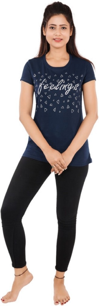 Spanz Printed Women Round Neck Blue T-Shirt - Buy Spanz Printed