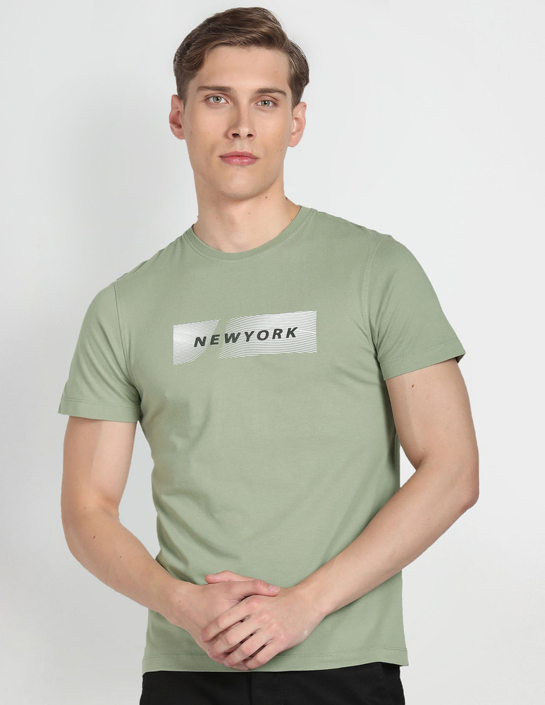 Arrow Newyork Printed Typography Men Round Neck Green T Shirt