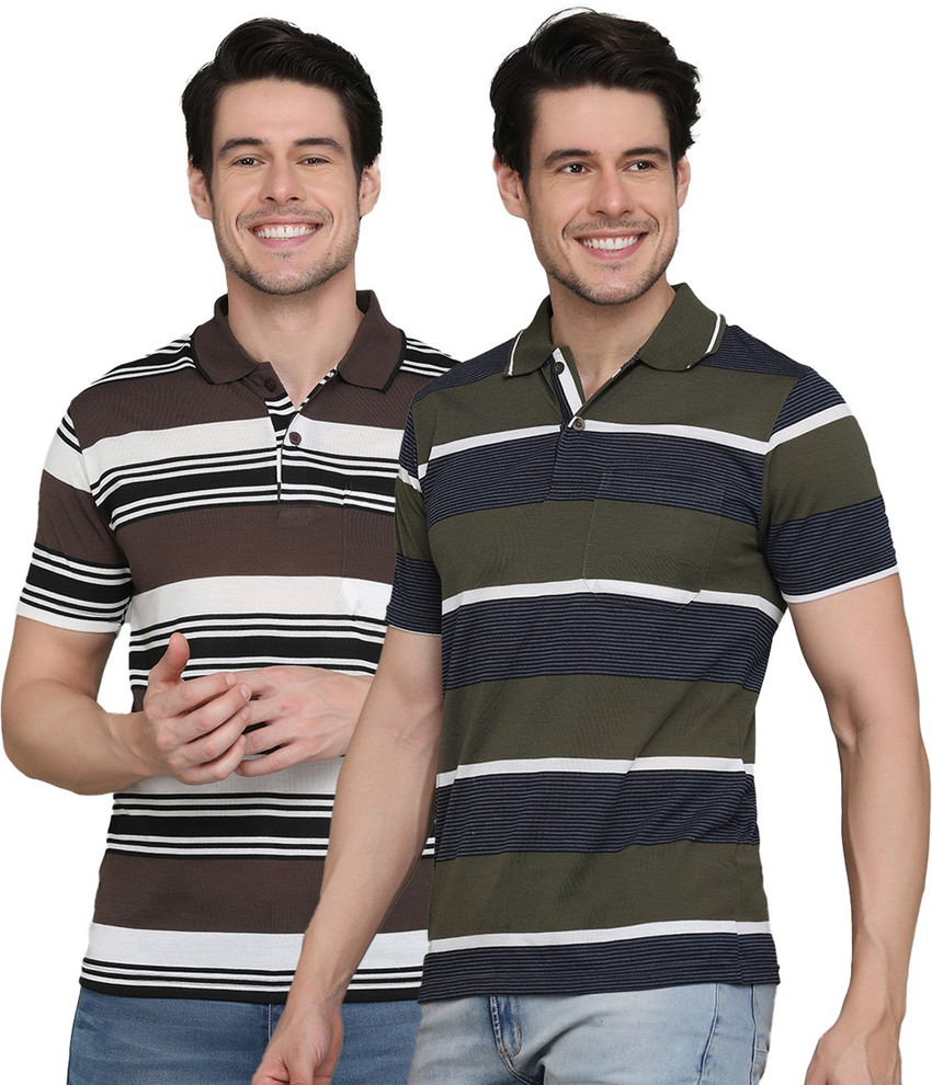 INKKR Striped Men Polo Neck Multicolor T Shirt