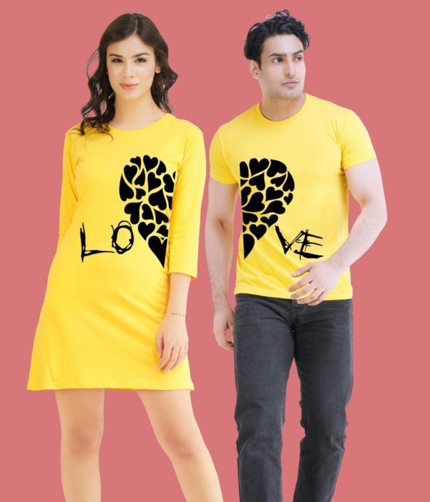 COUPLESTUFF.IN Graphic Print Couple Round Neck Yellow T-Shirt