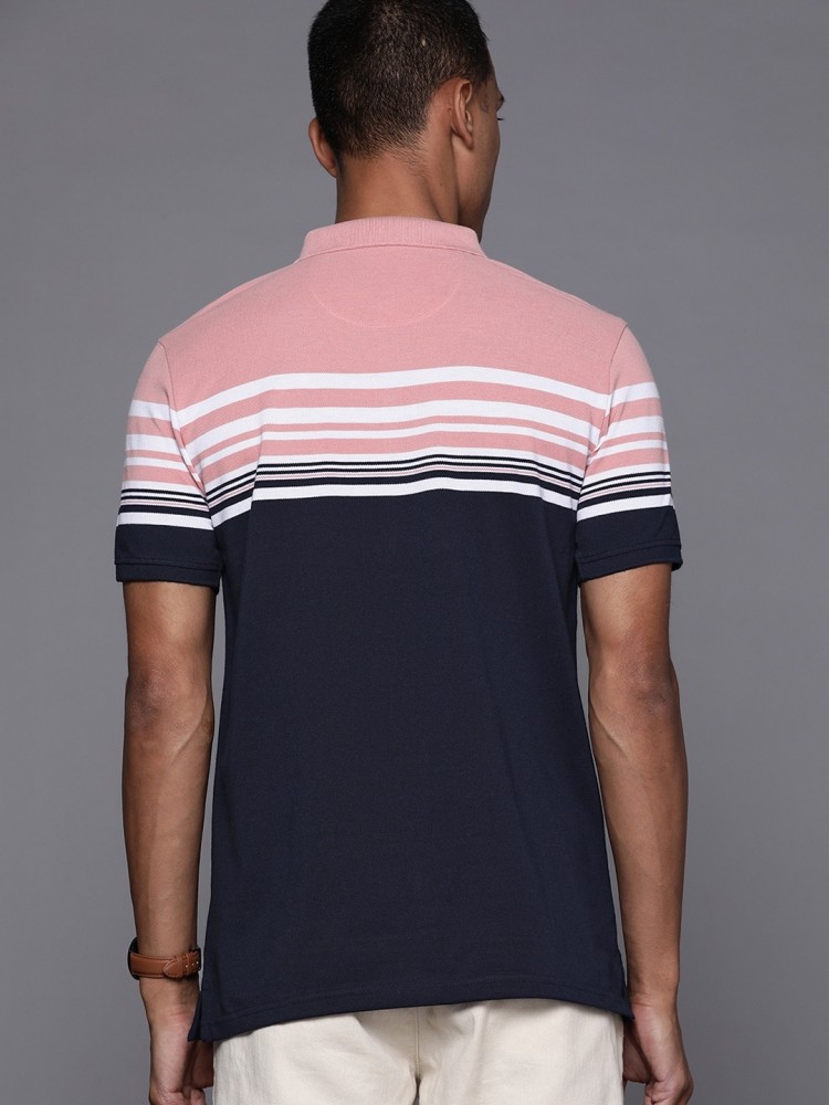 Louis Philippe Sport Striped Men Polo Neck Navy Blue, Pink T-Shirt