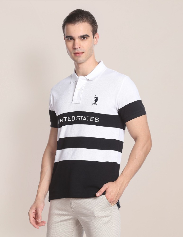 U.S. POLO ASSN. Striped, Typography Men Polo Neck White T-Shirt