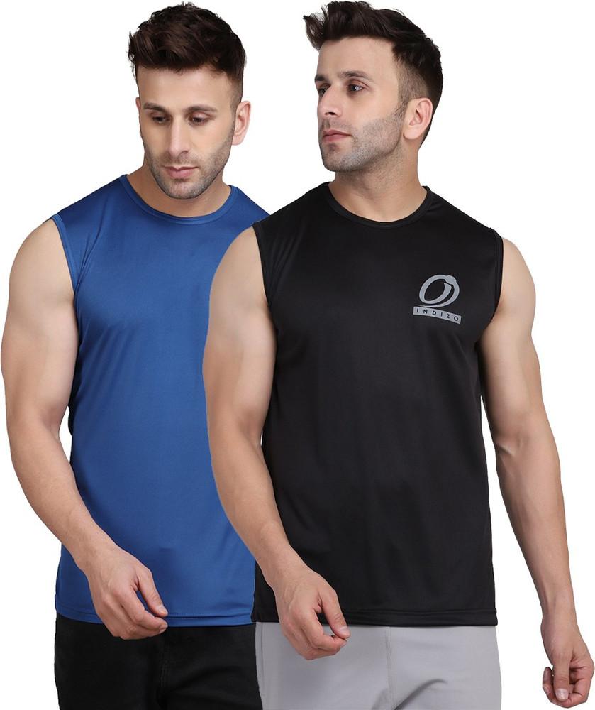 INDIZO Sporty Men Round Neck Blue Black T Shirt