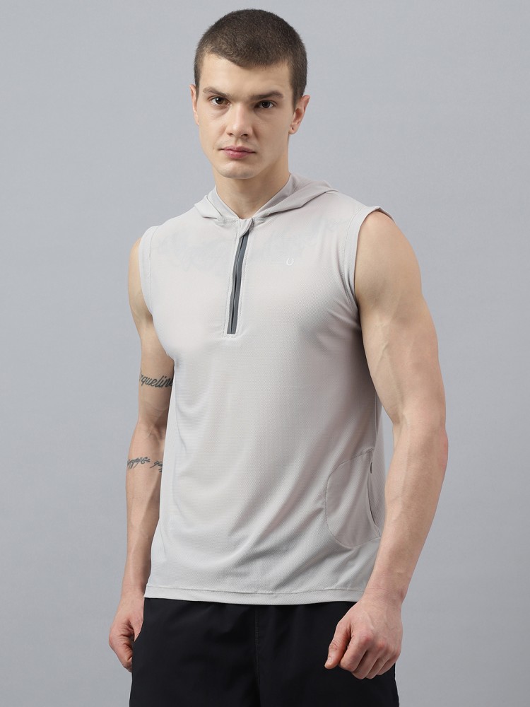 Fitkin Solid Men Hooded Neck Grey T-Shirt - Buy Fitkin Solid Men