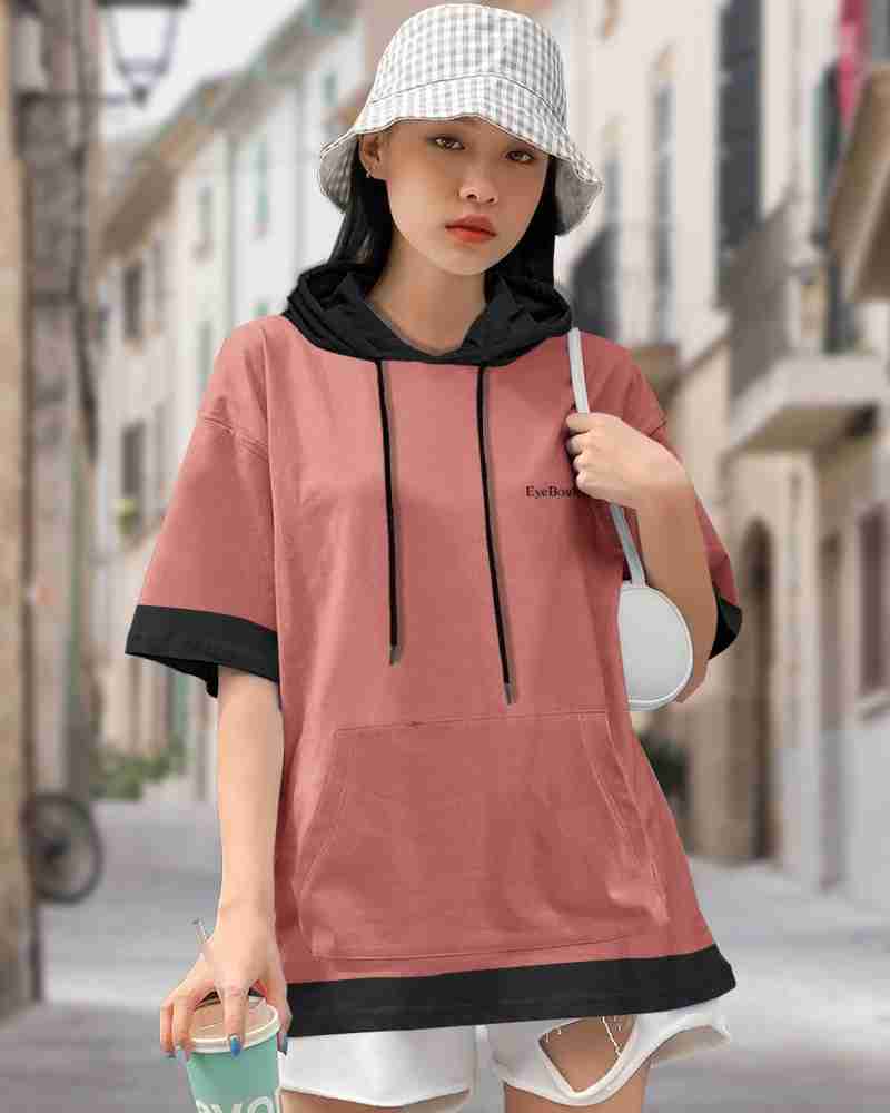 EyeBogler Solid Women Hooded Neck Pink T Shirt