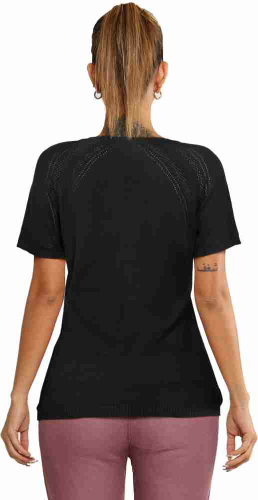 BlissClub Solid Women Round Neck Black T-Shirt - Buy BlissClub