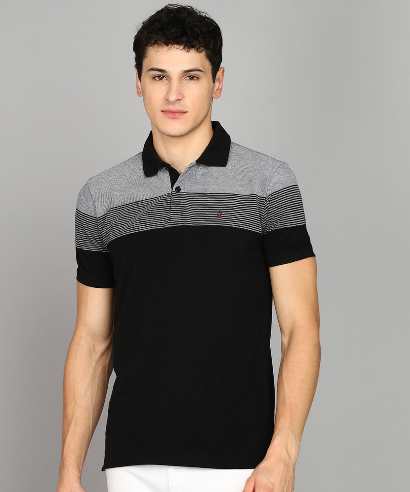 Louis Philippe Sport Striped Men Polo Neck Black T Shirt