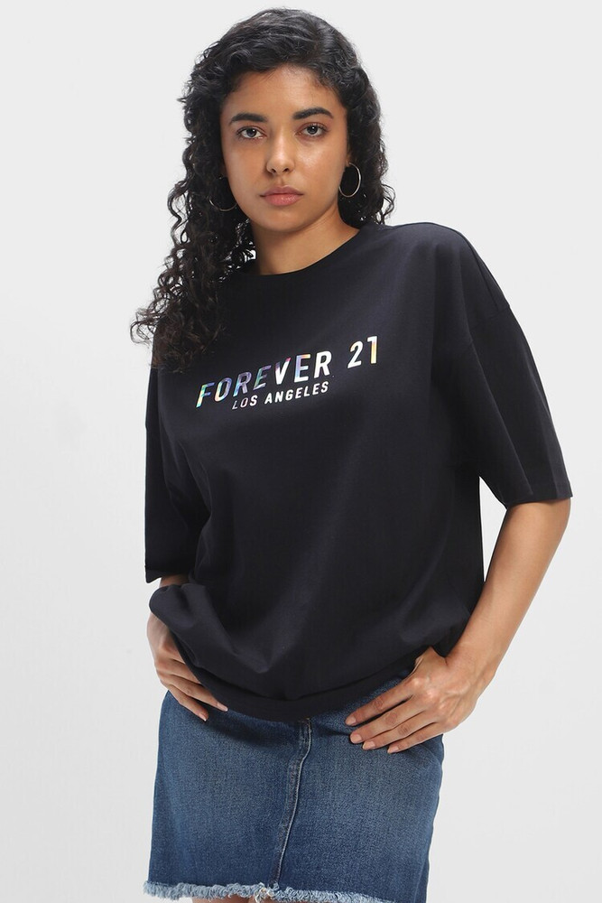 FOREVER 21 Typography Women Round Neck Black T-Shirt - Buy FOREVER 