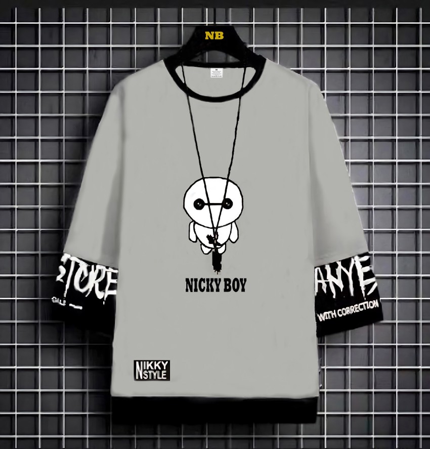 NB NICKY BOY Graphic Print Men Round Neck Grey T Shirt