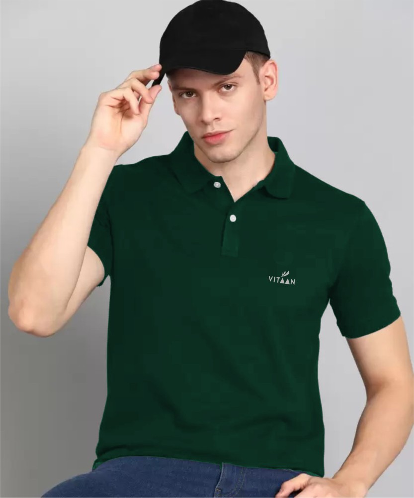 Vitaan Solid Men Polo Neck Green T-Shirt - Buy Vitaan Solid Men