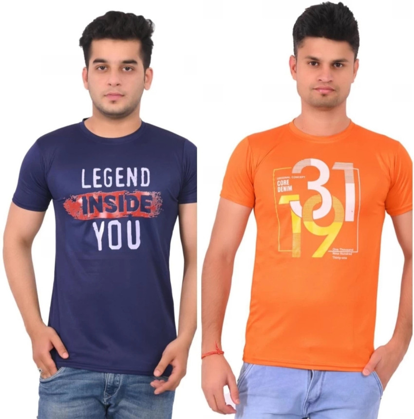 KHATU BABA Printed Men Round Neck Reversible Dark Blue Orange T