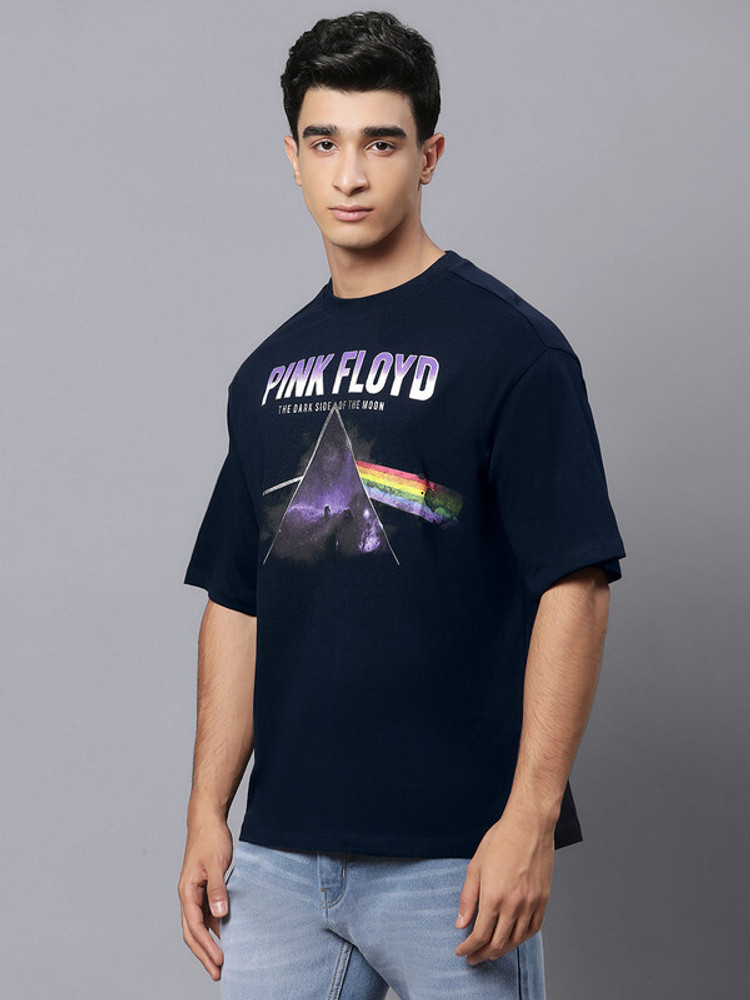 Free Authority Printed Typography Men Round Neck Navy Blue T