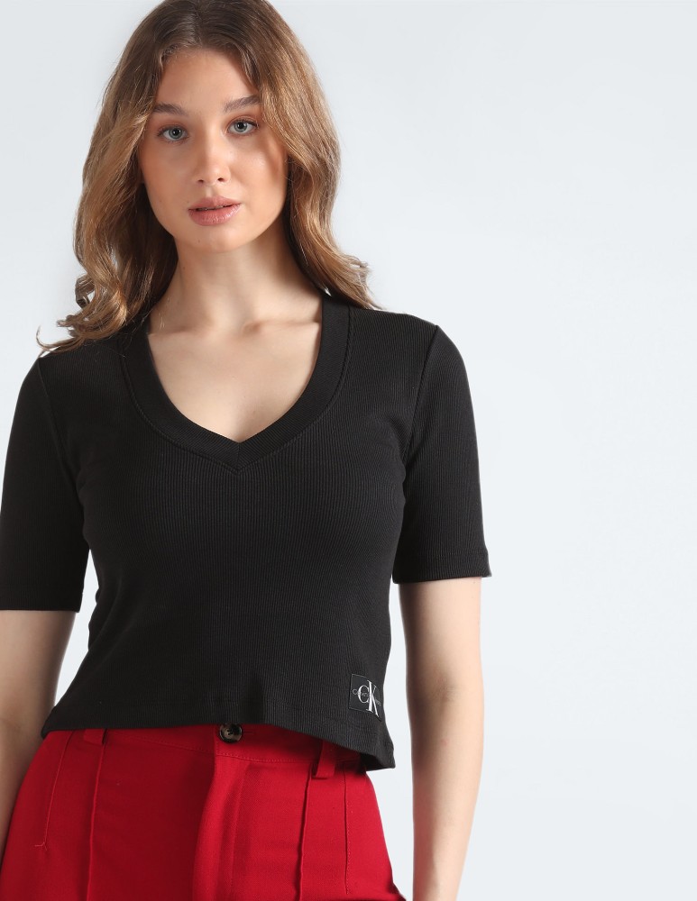 Calvin Klein Solid Women V Neck Black T-Shirt - Buy Calvin Klein Solid  Women V Neck Black T-Shirt Online at Best Prices in India