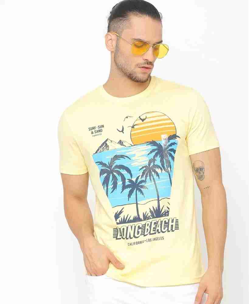Buy dnmx Typography Men Round Neck Yellow T Shirt Online at