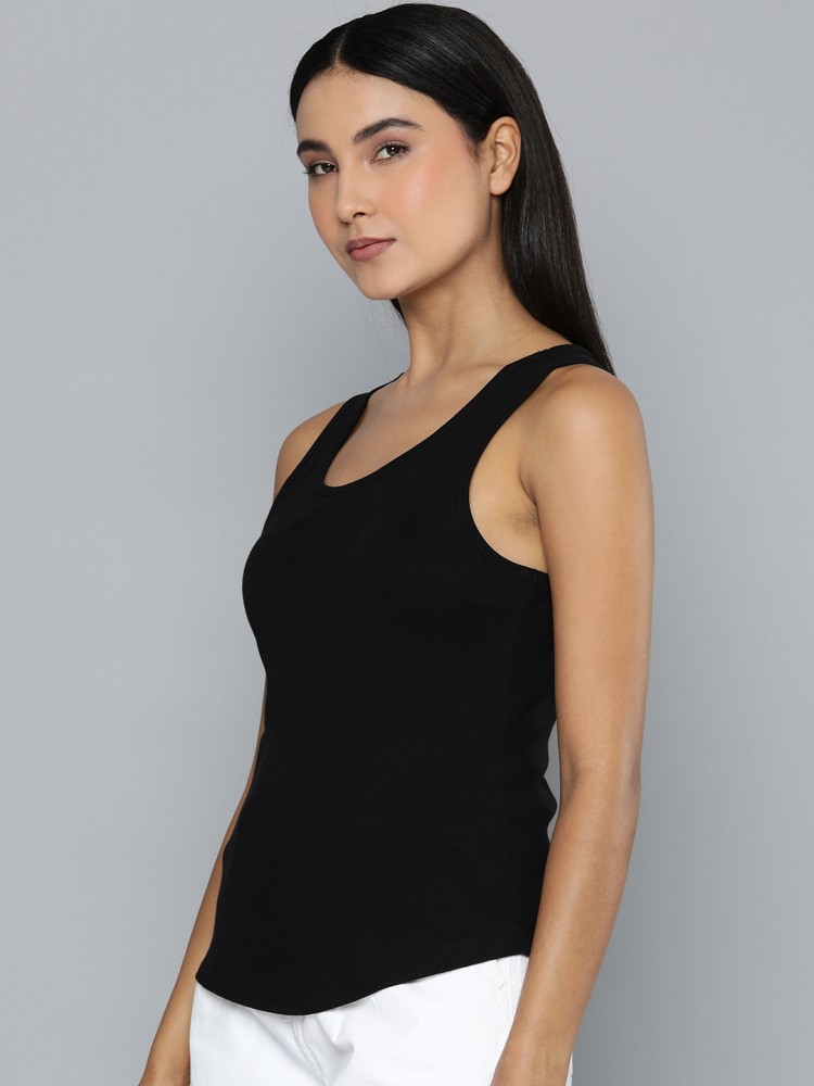 ETHER Black Sleeveless Pure Cotton T-shirt