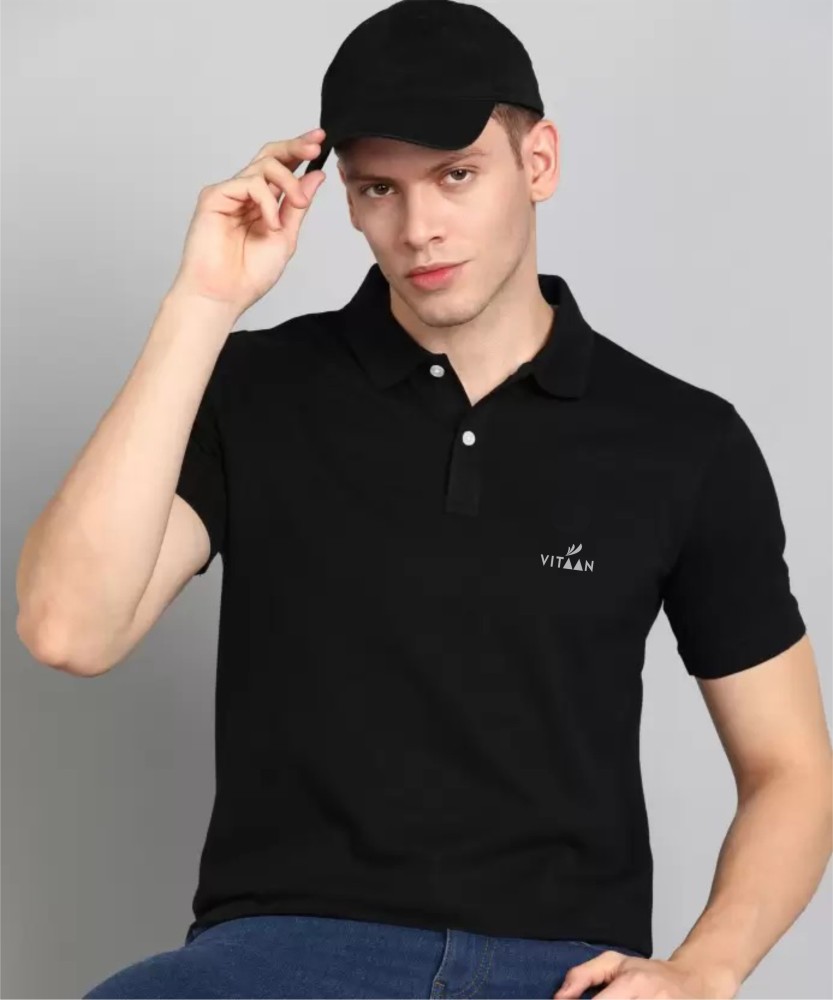 Vitaan Solid Men Polo Neck Black T-Shirt - Buy Vitaan Solid Men