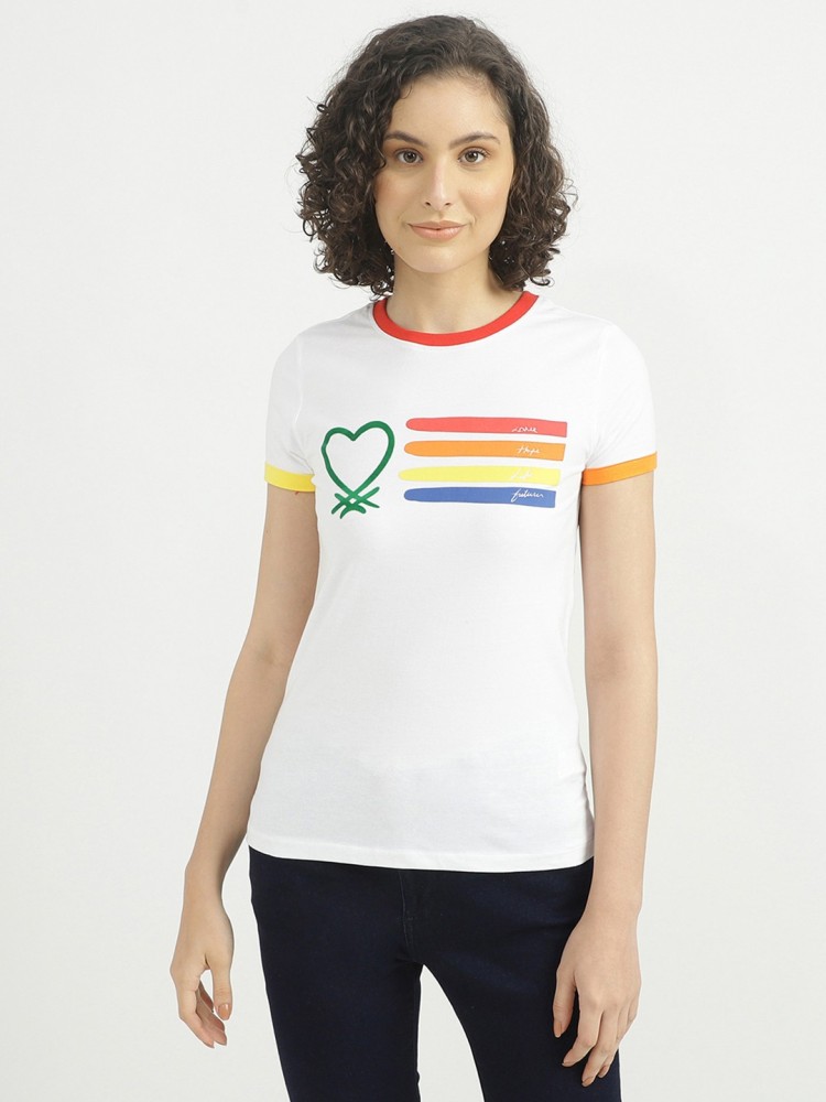 United Colors of Benetton Printed Women Round Neck White T-Shirt