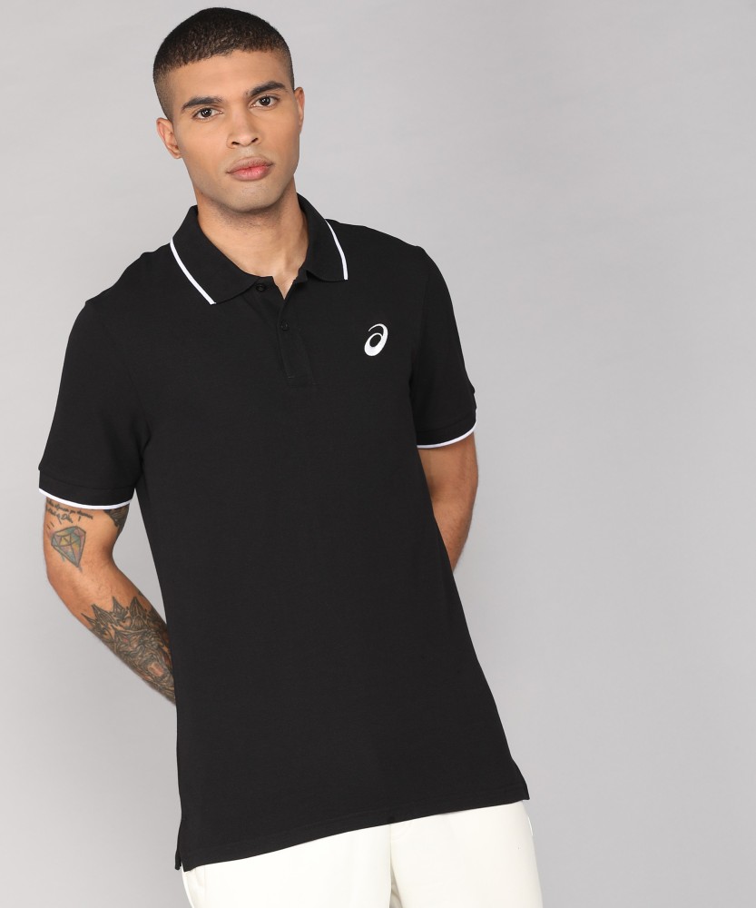 Asics Solid Men Polo Neck Black T Shirt