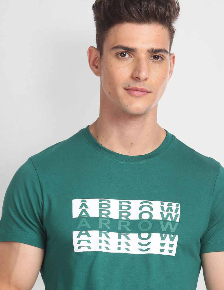 Arrow Sport Printed Typography Men Round Neck Green T Shirt