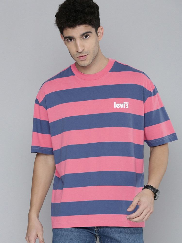 LEVI S Striped Men Crew Neck Pink T Shirt