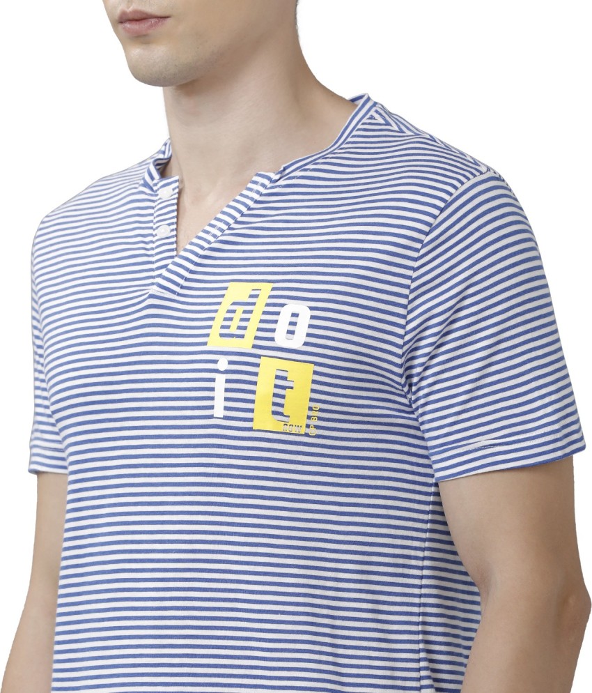 CP BRO Striped Men Henley Neck Blue T-Shirt - Buy CP BRO Striped