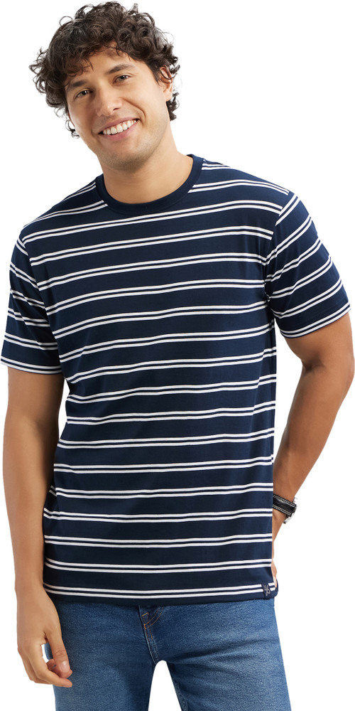 JOCKEY Striped Men Round Neck Blue T Shirt