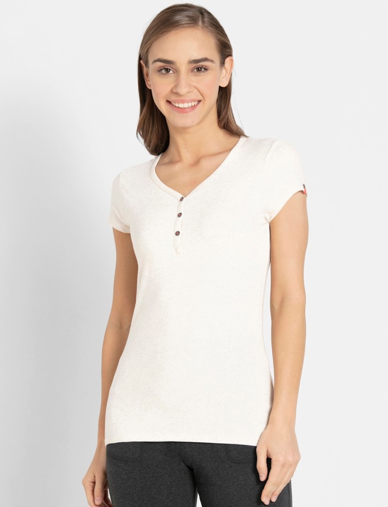 JOCKEY Solid Women V Neck White T-Shirt - Buy JOCKEY Solid Women V