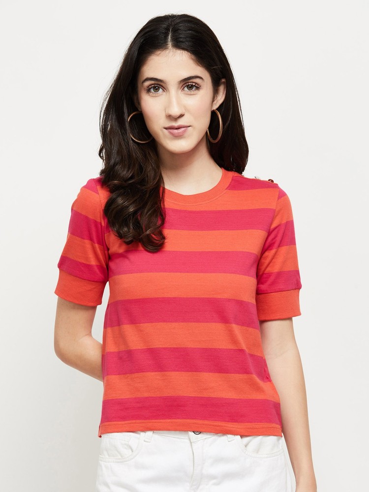 MAX Striped Women Round Neck Pink T-Shirt - Buy MAX Striped Women