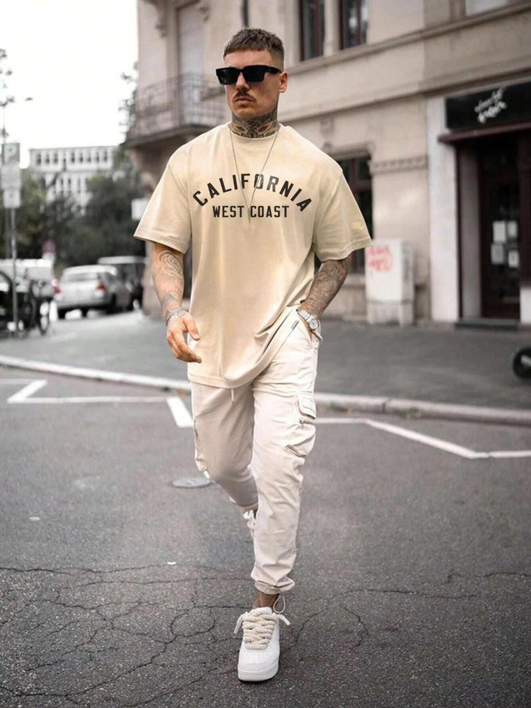 Beige t outlet shirt mens outfit