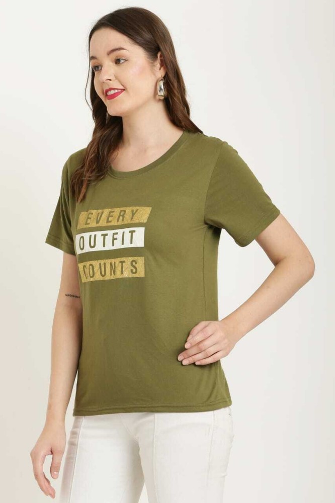 Women's Olive Green Cotton Typographic Regular T-Shirt