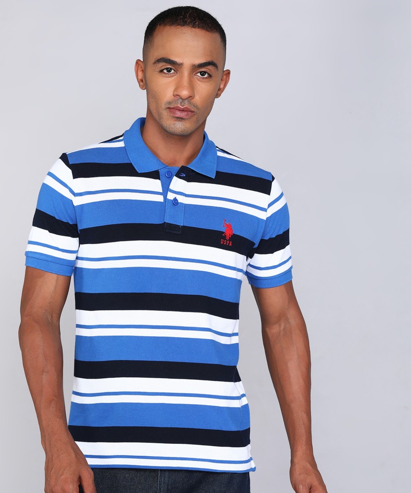 Mens blue and white striped polo shirt best sale