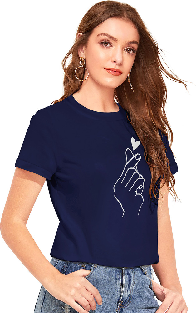 JIGNESH TEXTILES Printed Women Round Neck Navy Blue T Shirt