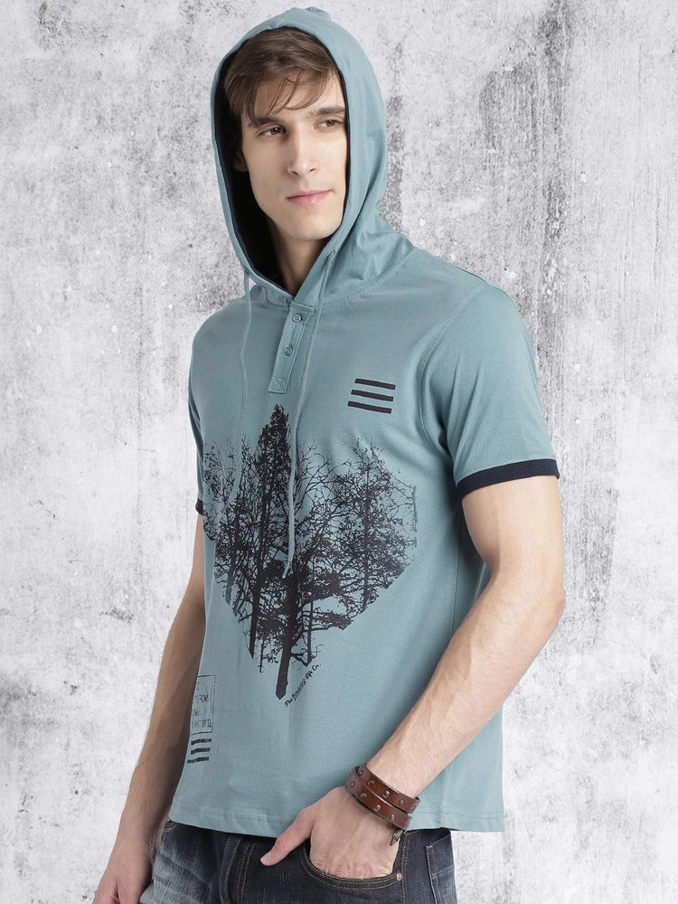 Roadster Printed Men Hooded Neck Blue T Shirt Buy Roadster