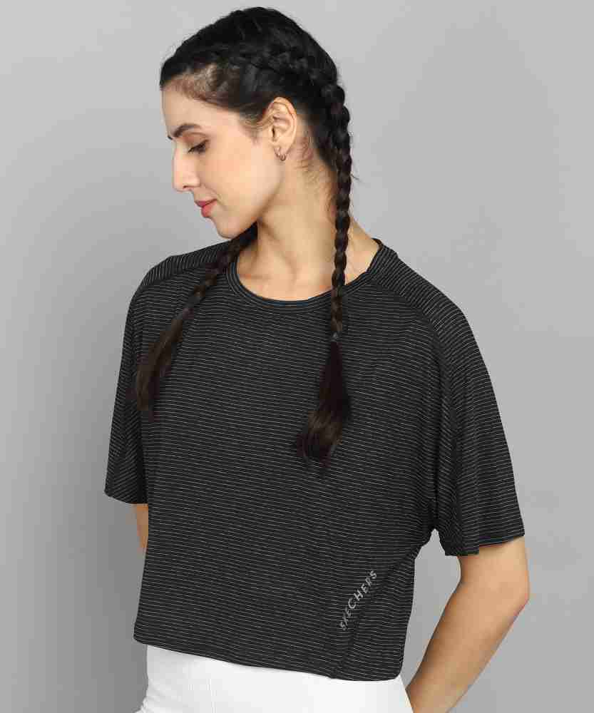 Skechers Striped Women Round Neck Black T-Shirt - Buy Skechers Striped Women  Round Neck Black T-Shirt Online at Best Prices in India