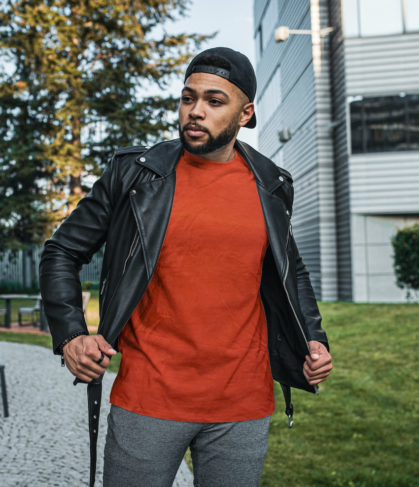 T shirt and leather hot sale jacket
