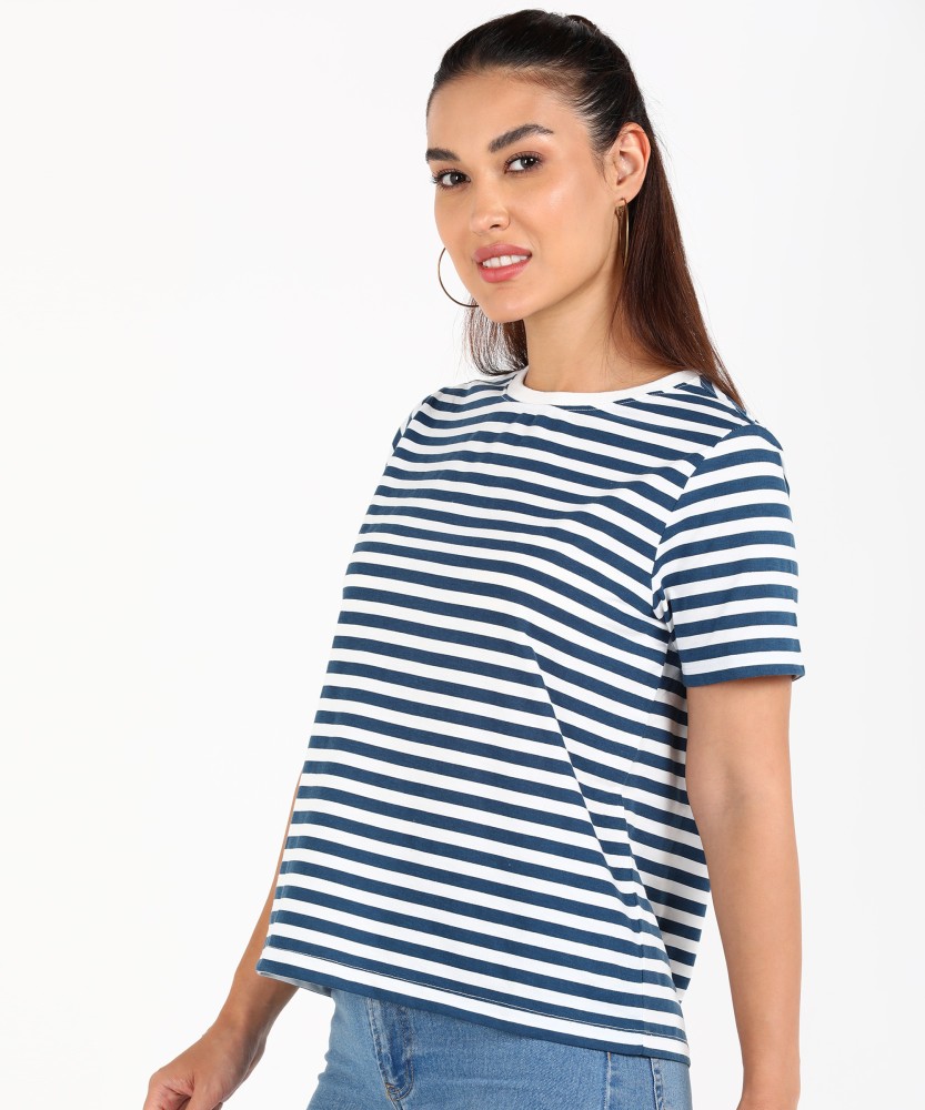 Skechers Striped Women Round Neck Blue T-Shirt - Buy Skechers Striped Women  Round Neck Blue T-Shirt Online at Best Prices in India