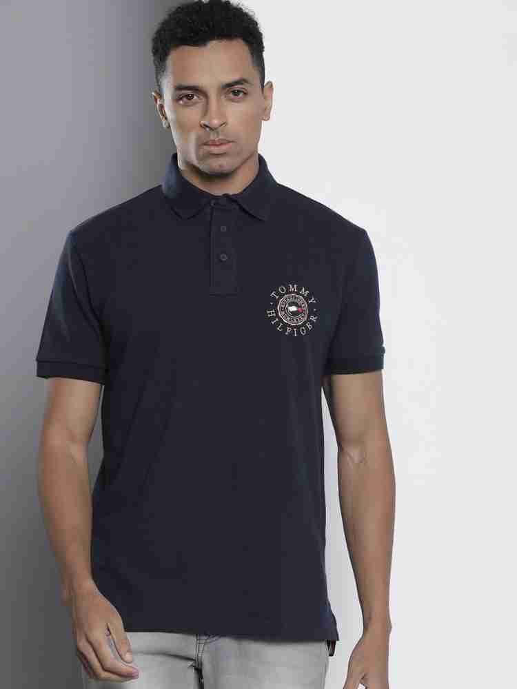 TOMMY HILFIGER Embroidered Men Polo Neck Navy Blue T-Shirt - Buy 