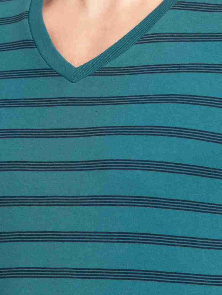 Men's Super Combed Cotton Rich Striped Round Neck Full Sleeve T-Shirt -  Pacific Green & Navy