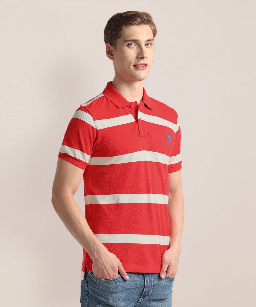 Mens red and white striped polo shirt hotsell