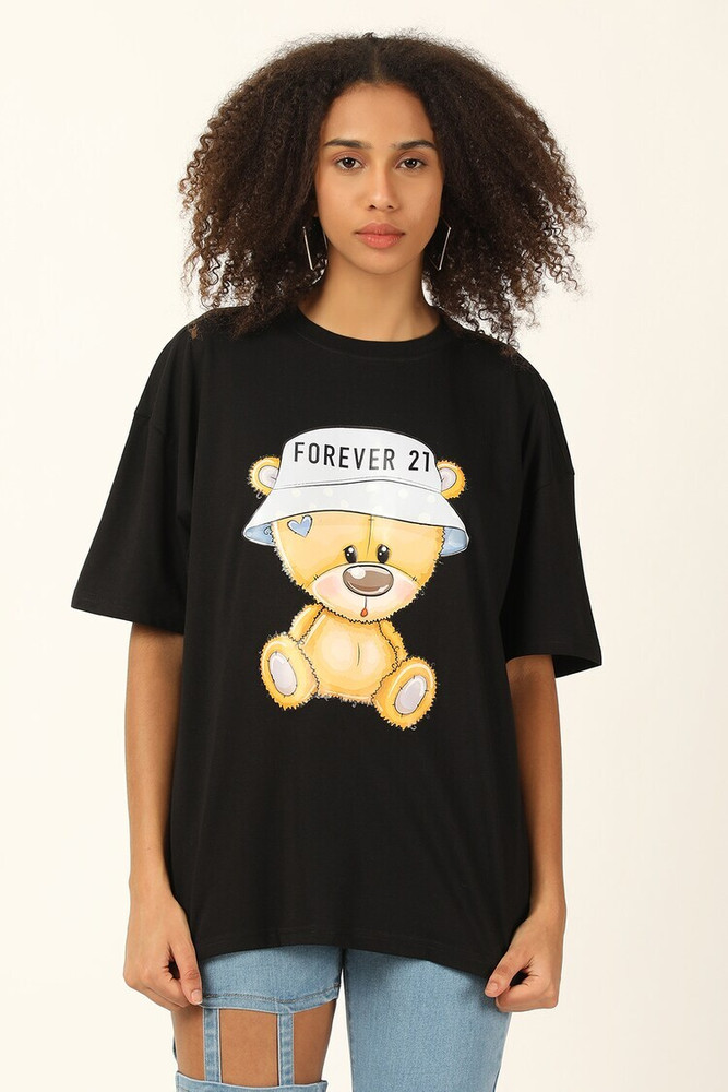 FOREVER 21 Printed Women Round Neck Black T-Shirt - Buy FOREVER 21 