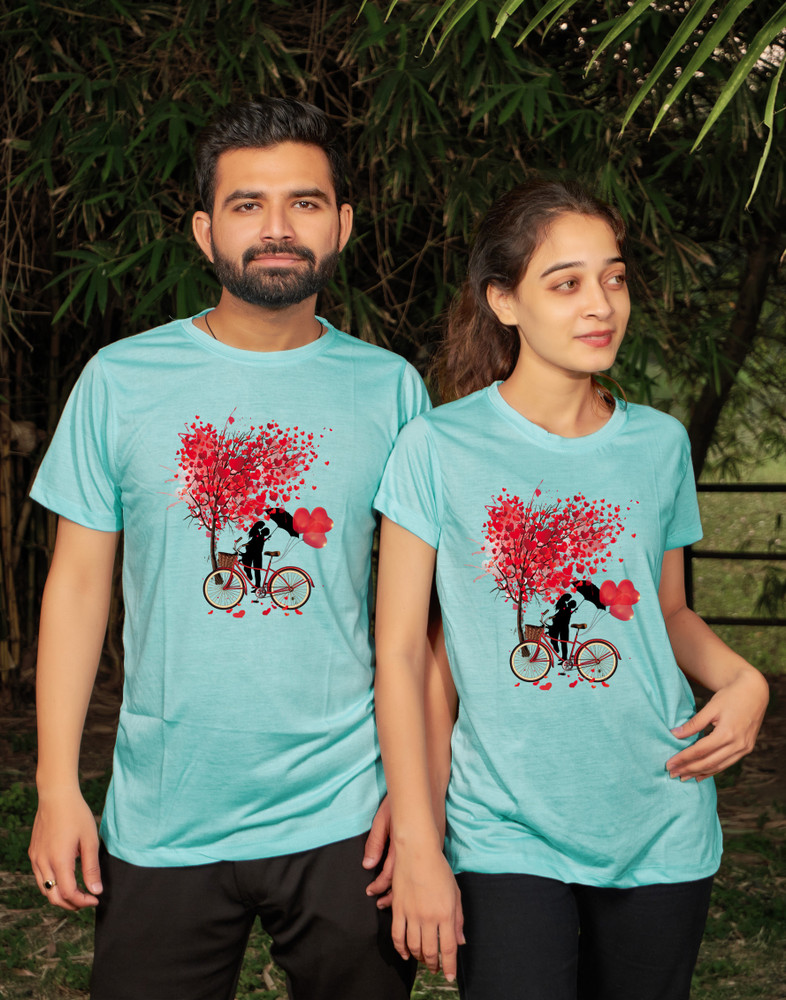 DEE LEAF Printed Couple Round Neck Light Blue T Shirt Buy DEE