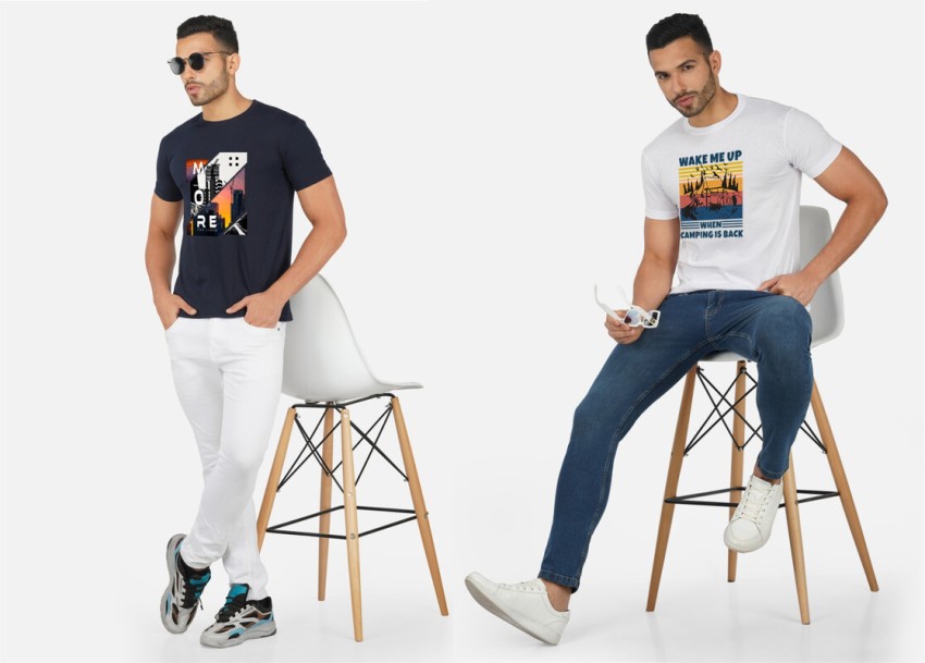 CHOZI Printed Men Round Neck Navy Blue, White T-Shirt - Buy CHOZI