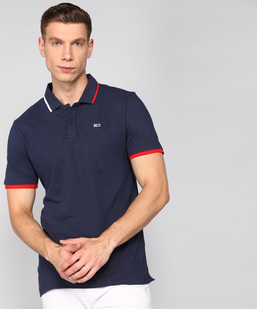 TOMMY Solid Men Polo Navy T-Shirt - Buy TOMMY HILFIGER Solid Polo Neck Navy Blue T-Shirt Online at Best Prices in India | Flipkart.com