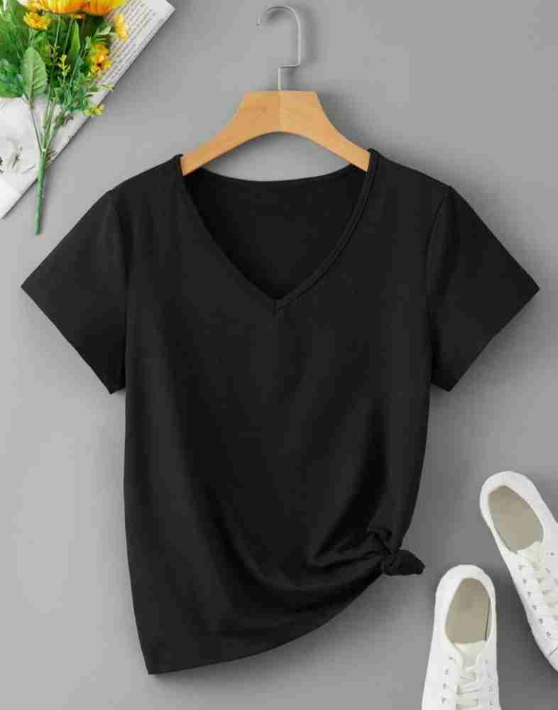 Plain black v neck t shirt for girls hot sale
