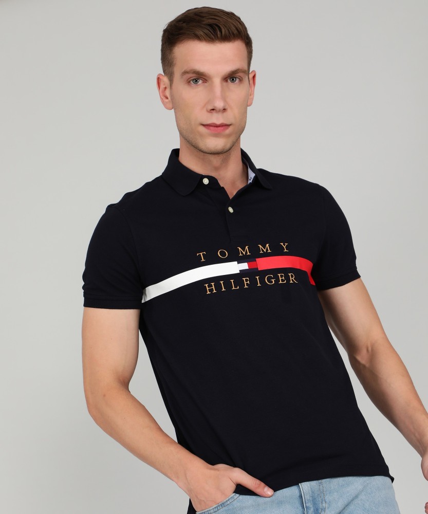 TOMMY HILFIGER Printed Men Polo Neck Navy Blue - Buy TOMMY HILFIGER Printed Men Polo Neck Navy Blue T-Shirt Online at Best Prices in India |