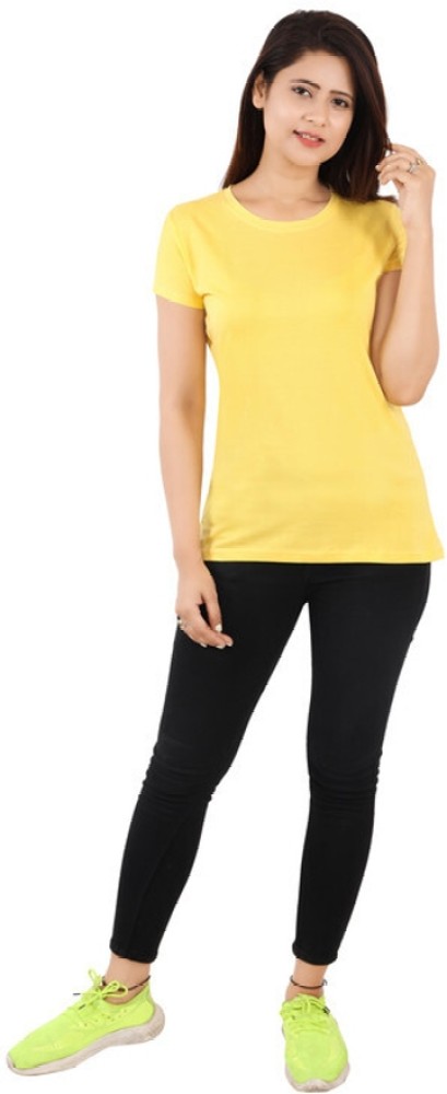 Spanz Solid Women Round Neck Yellow T-Shirt - Buy Spanz Solid