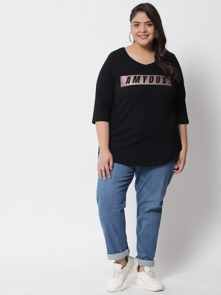 Amydus Printed Women V Neck Black T-Shirt - Buy Amydus Printed